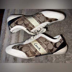 COACH Baylee Shoes Logo Tennis Sneakers- Womens 6- Suede Beige Brown Lace Up